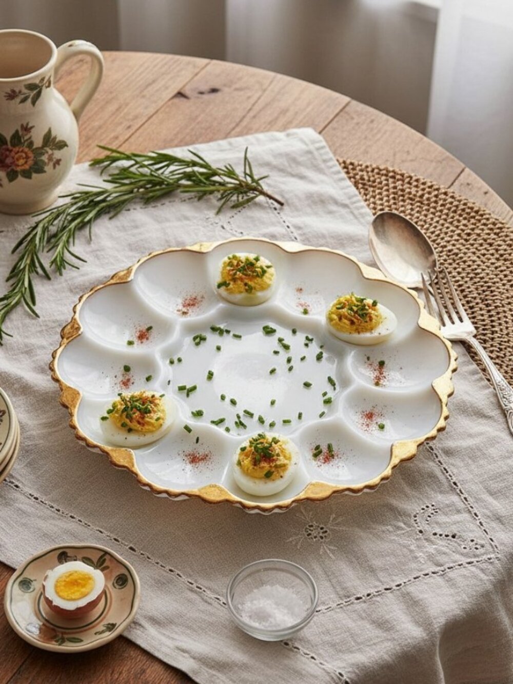 Fire King Anchor Hocking White Milk Glass Egg Plate Gold Trim Vintage MCM